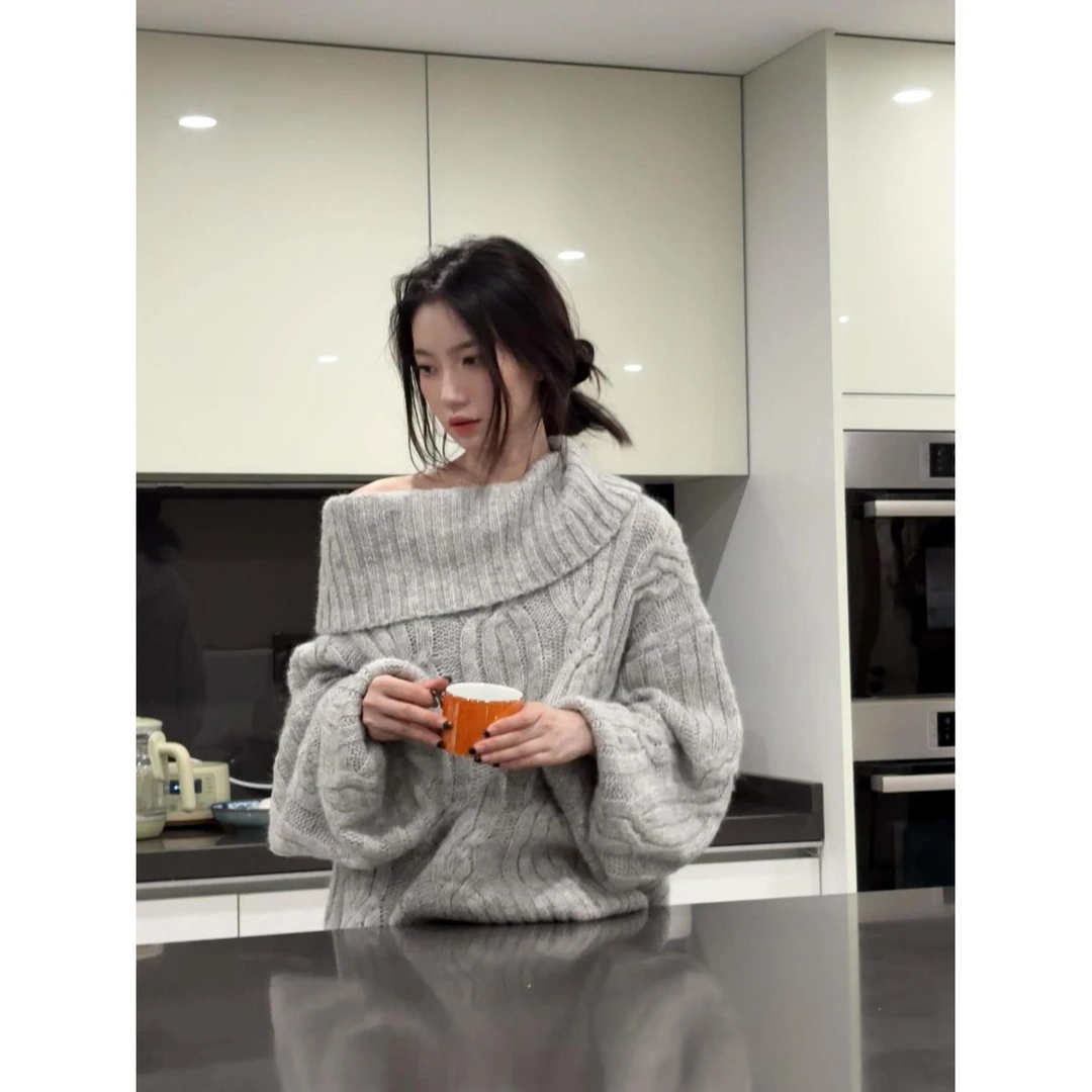 韩版设计感一字肩高级感宽松显瘦套头毛衣针织衫灯笼袖上衣-2613