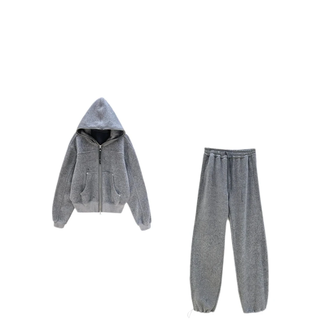 【雾里看花】冬季加厚加绒连帽卫衣女运动通勤宽松百搭休闲长裤套装