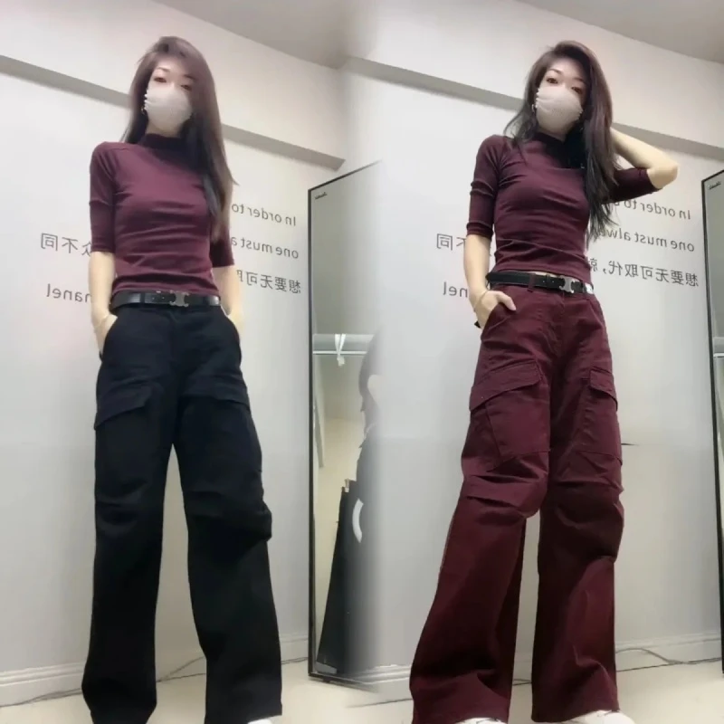 2025高级感休闲时尚秋季新款套装女圆领半袖上衣百搭工装裤两件套