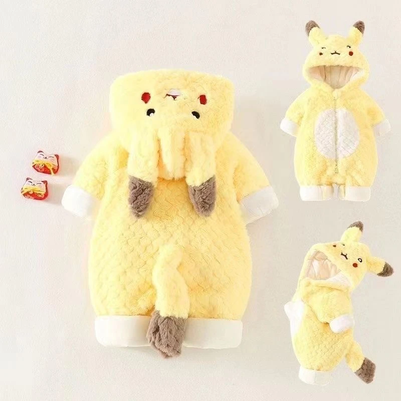 新生儿衣服冬季加绒加厚连体衣超萌可爱甜美皮卡丘夹棉厚防寒哈衣