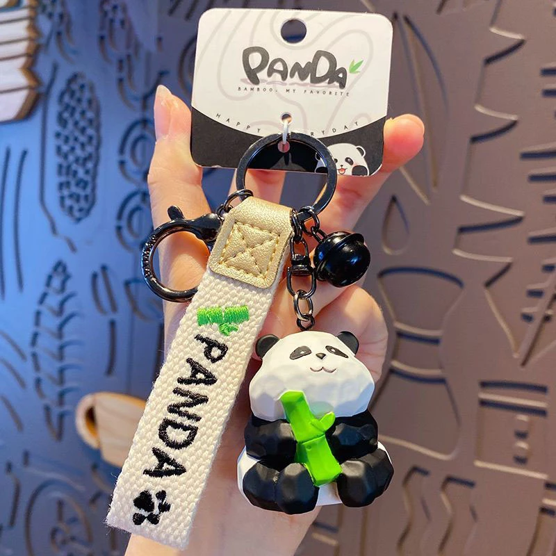 网红木雕风熊猫钥匙扣女精致挂件情侣钥匙链可爱书包挂饰公仔高级