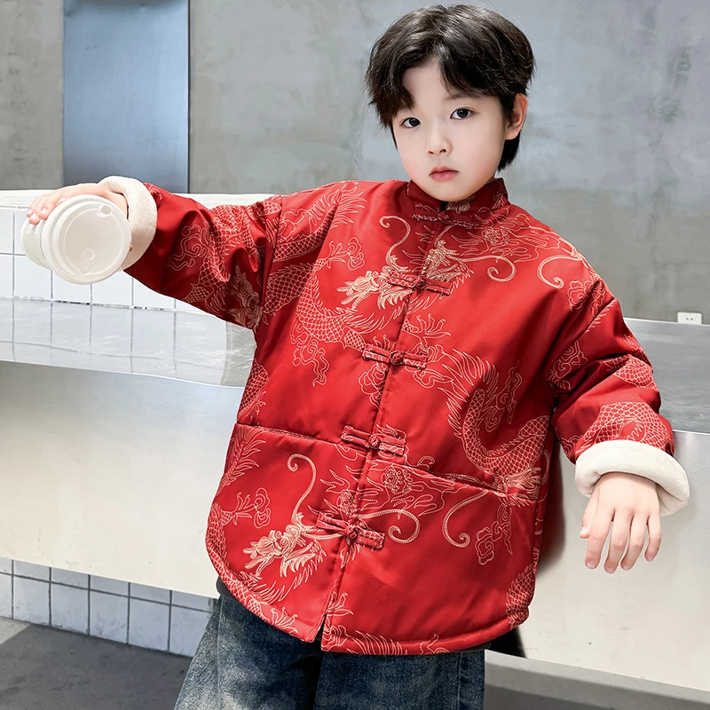 儿童装男童秋冬季红色外套2024新款龙年中大童加厚本命年拜年服潮