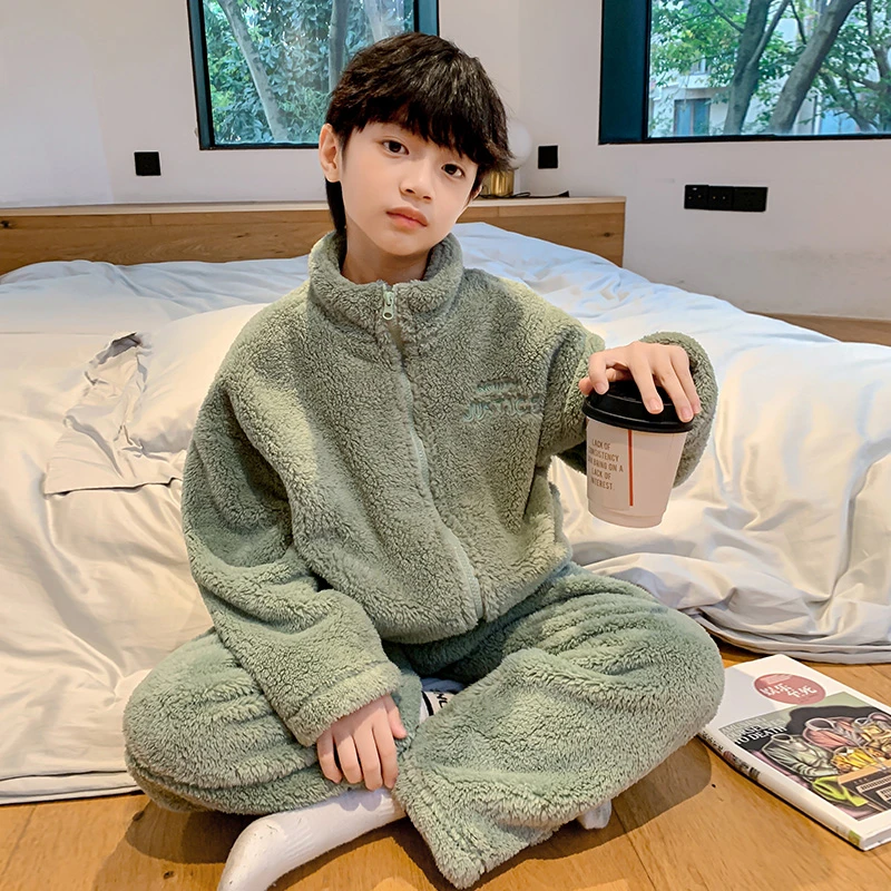 儿童套装男童睡衣秋冬款法兰绒加绒冬季珊瑚绒男孩中大童加厚家居