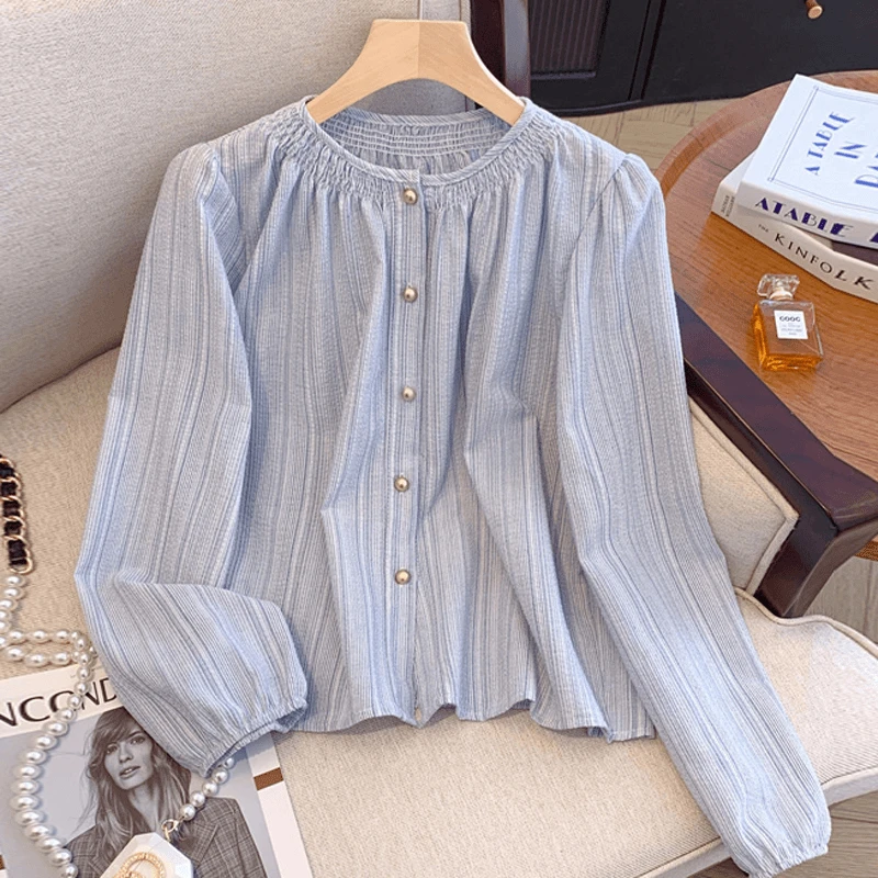 法式复古条纹长袖衬衫女2024早秋百搭单排扣小众宽松衬衣设计感