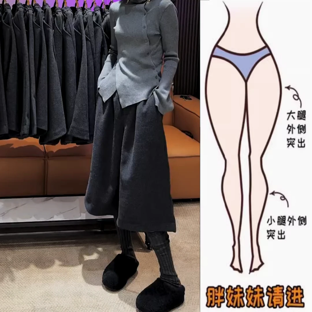 景倩妮灰色百搭直筒毛呢裤2024年冬季厚款梨形高腰显瘦六分阔腿裤
