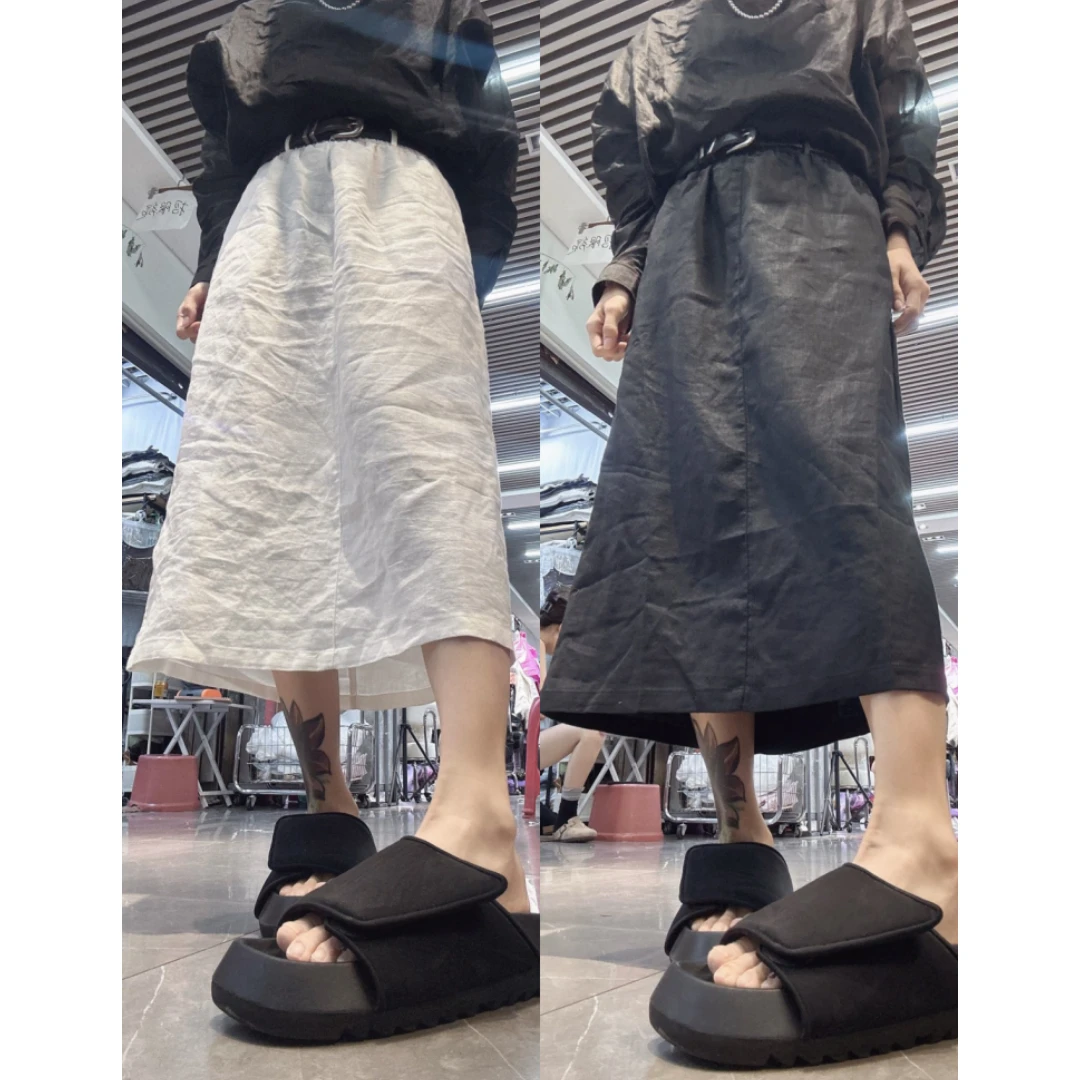 白色休闲A字中长款半身裙2025年夏季薄款梨形高腰显瘦麻裙