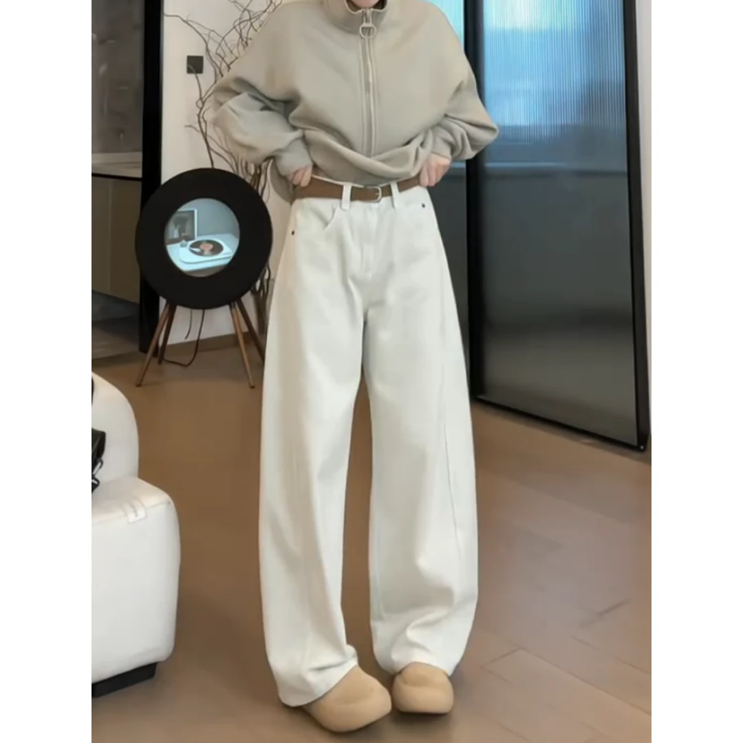 景倩妮白色弯刀牛仔裤女早春2025年新款爆款阔腿裤显瘦窄版香蕉裤