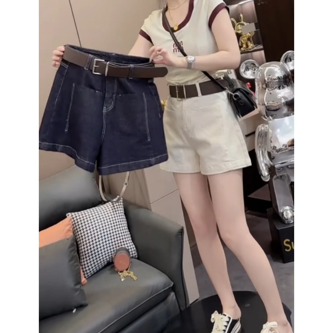 杏色阔腿牛仔短裤子女2025年夏季新款大码梨形高腰宽松显瘦五分裤