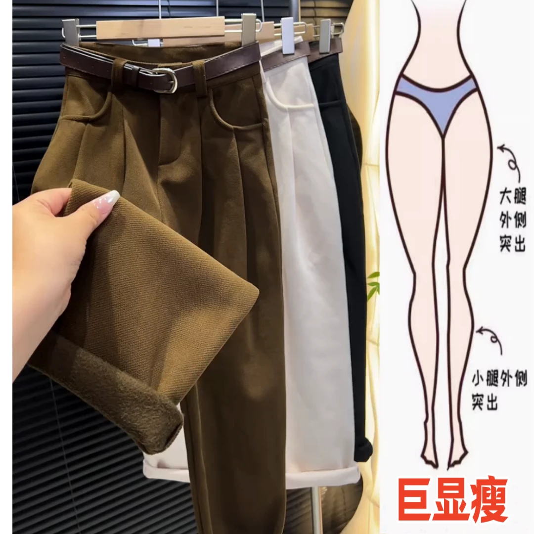 景倩妮咖色毛呢休闲裤2025年夏春新款加厚高腰显瘦宽松九分哈伦裤