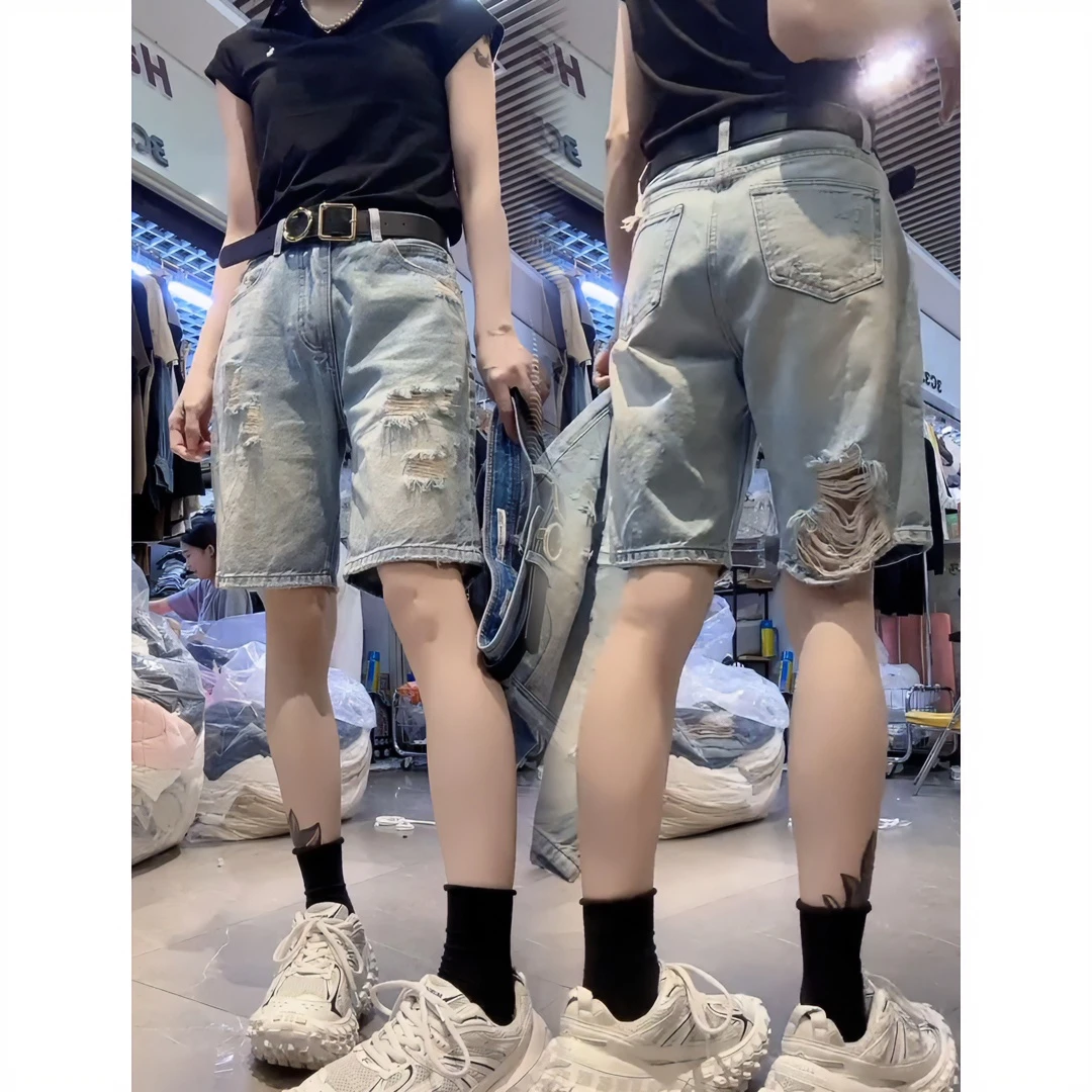 破洞蓝色阔腿牛仔五分裤2025年夏季新款大码梨形高腰宽松显瘦热裤