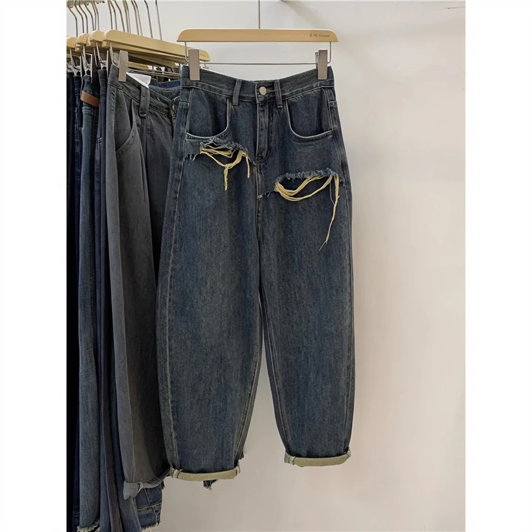 复古高腰牛仔裤女春季显瘦大码梨形身材直筒宽松哈伦萝卜老爹裤