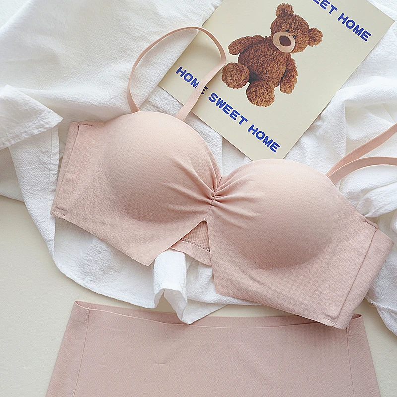 温柔奶油色软糯内衣少女褶皱无痕半杯小胸显大聚拢中厚文胸罩套装