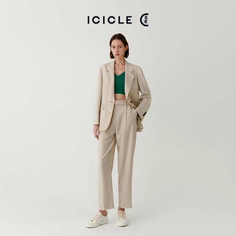 【琥珀流光】ICICLE之禾女装夏季精纺羊毛斜纹宽松直筒裤