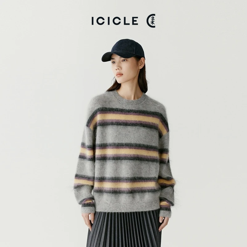 #雅丹老钱风ICICLE之禾女装秋冬马海毛混纺马海毛条纹套衫