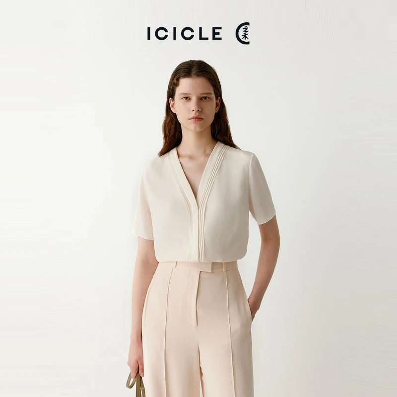 【售罄】【臻选真丝】ICICLE之禾女装夏季鬼绉V领白色短袖衬衫