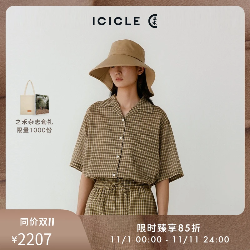 ICICLE之禾女装夏季棉色织格子休闲薄款女士短袖衬衫