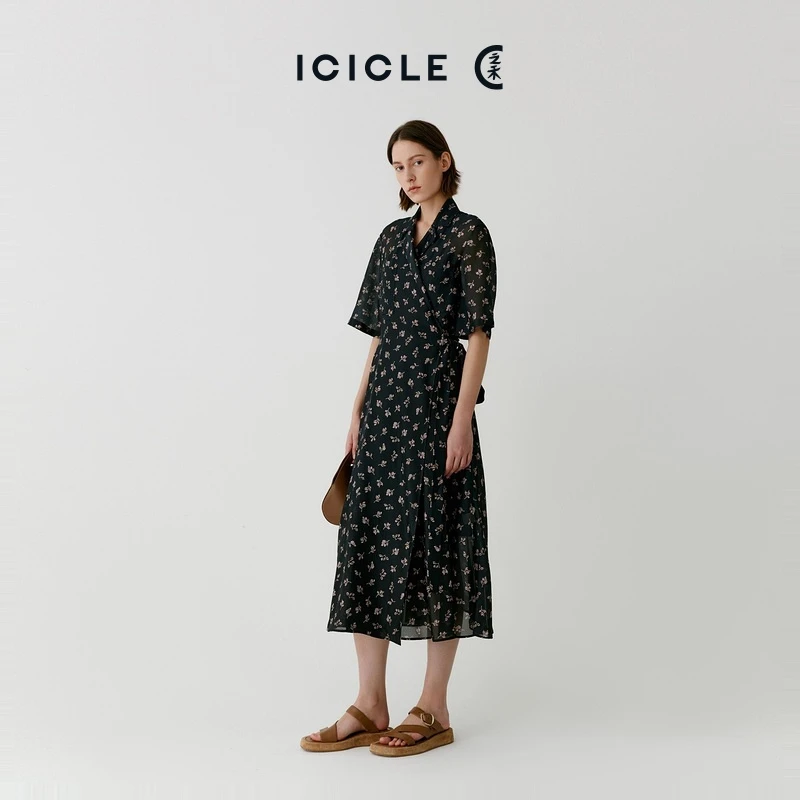 【臻选真丝】ICICLE之禾女装夏季星星绉裹身式气质连衣裙