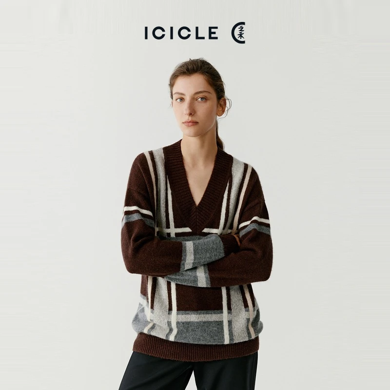 #雅丹老钱风ICICLE之禾女装秋冬高级感羊毛羊绒格纹针织衫