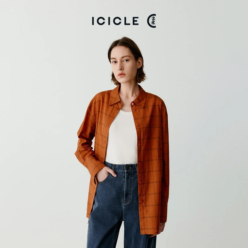 ICICLE之禾女装夏季新款棉丝色织布橙色格纹方领长袖衬衫