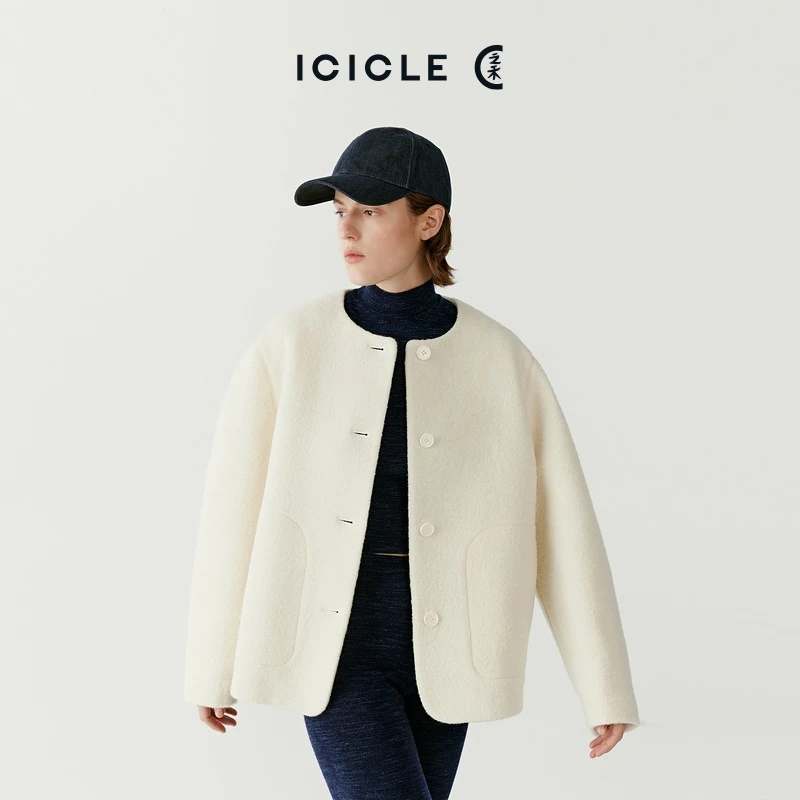 ICICLE之禾女装羊毛圈圈强缩绒种子廓形圆领外套0179