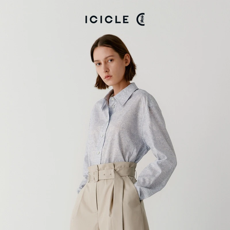 【售罄】ICICLE之禾女装夏季抗皱全棉休闲设计感印花布长袖衬衫