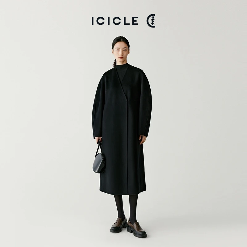 #雅丹老钱风ICICLE之禾女装秋冬款绢丝羊毛双面呢系带大衣