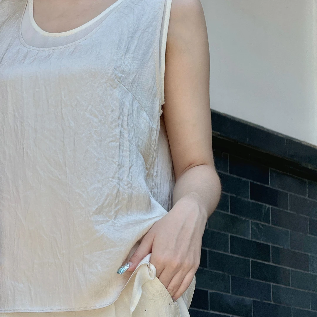 玉兰悠悠高级时装双层斜纹上衣通勤白色女士纯色无袖气质百搭时尚