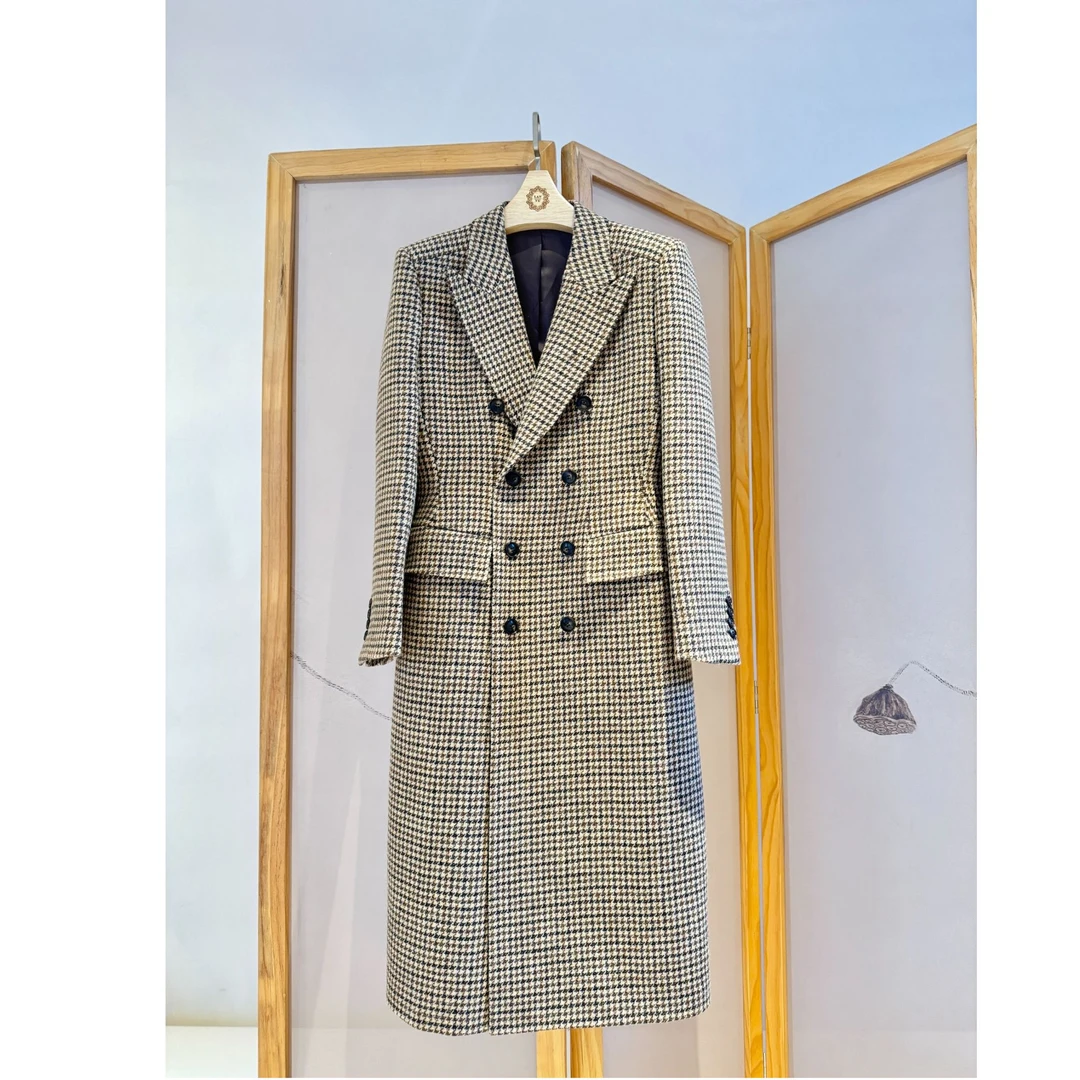 玉兰悠悠高级时装“高定系列”复古千鸟格沙漏大衣气质