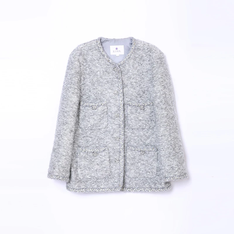 玉兰悠悠2025春季银色人鱼小香风外套羊毛粗花呢廓形高定短款大衣