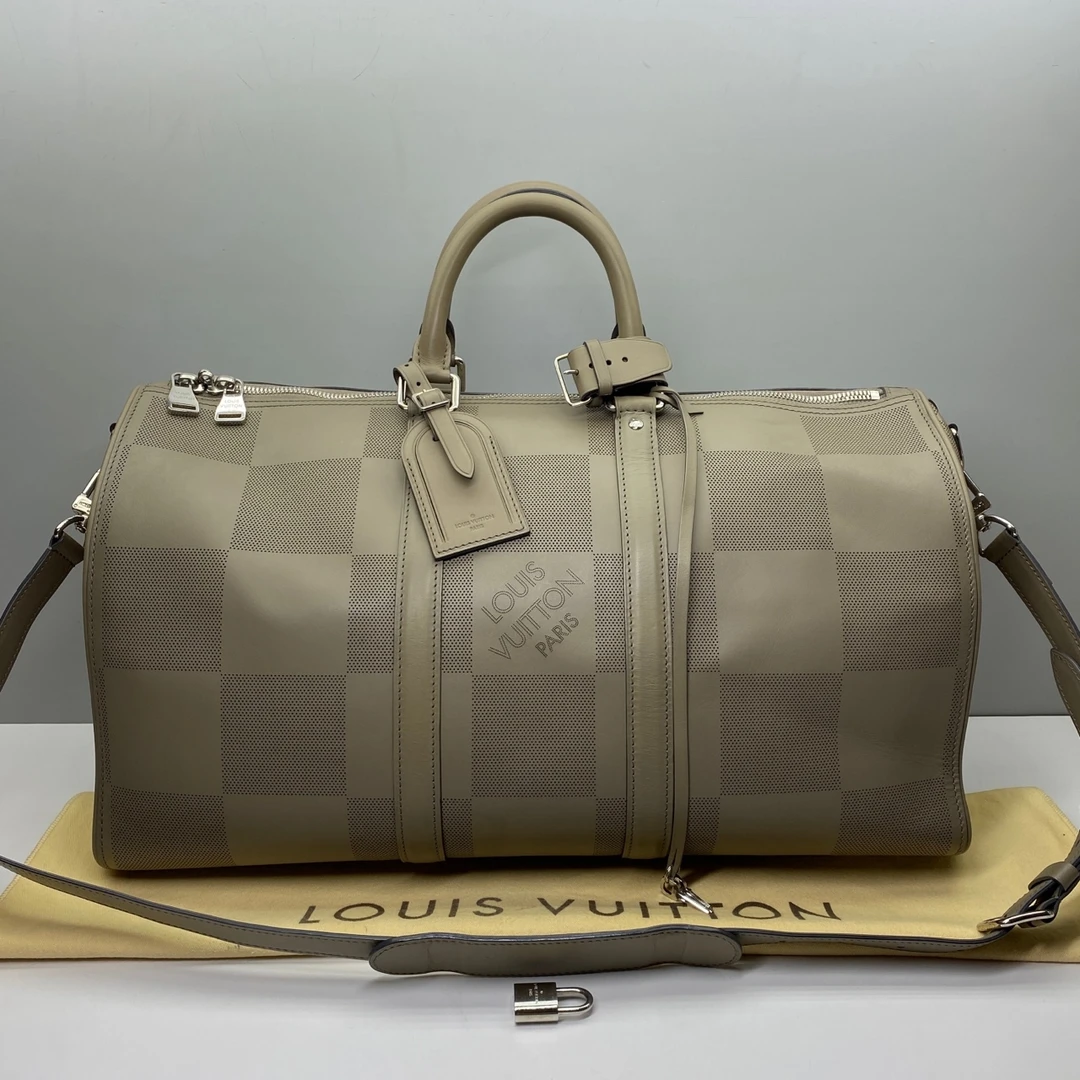 99新 LV 98新LV灰色牛皮3964限量大棋盘格keepall45行李袋旅行包