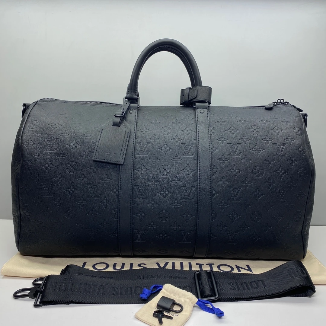 99新 LV 99新LV黑色牛皮压花keepall50男士0453旅行袋行