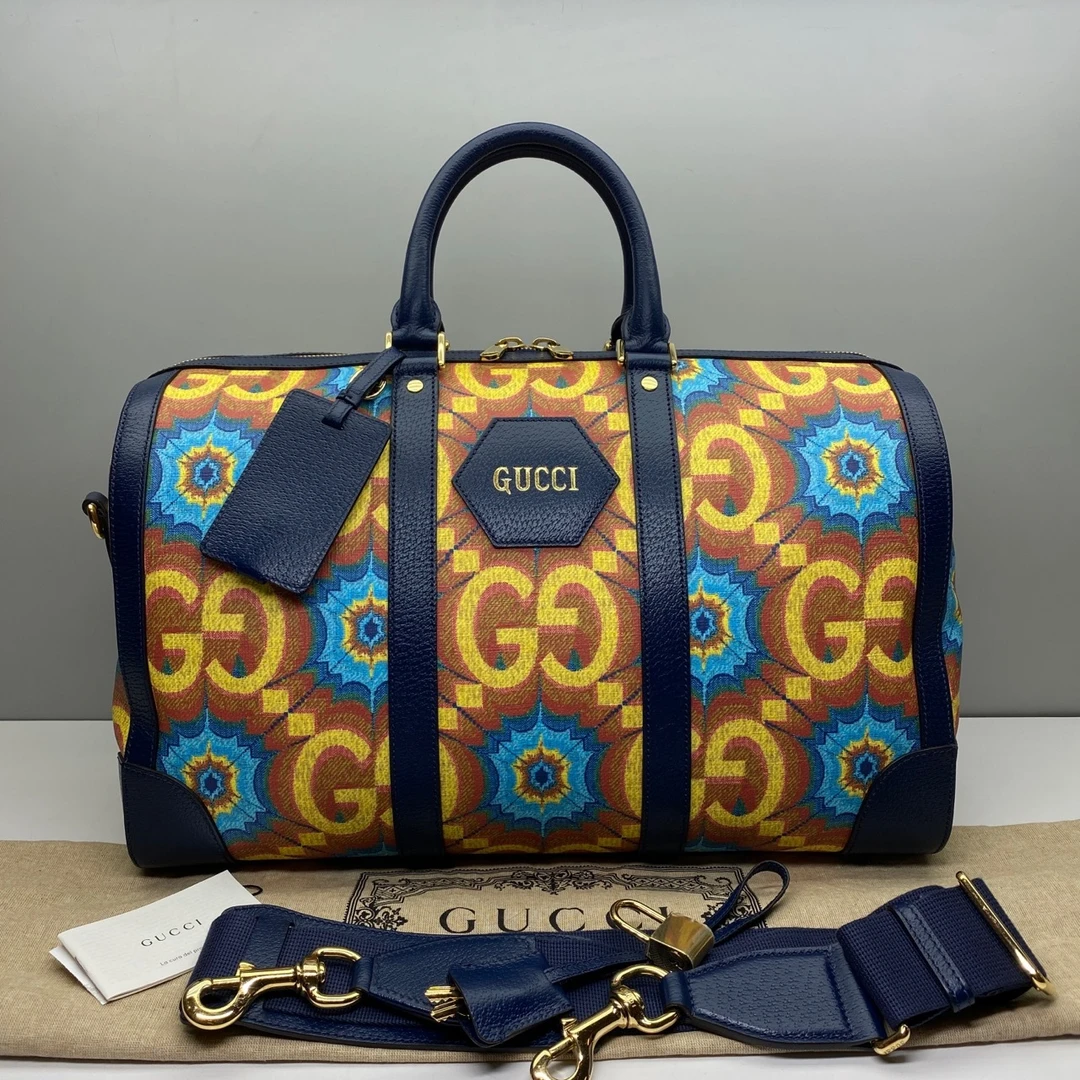 99新Gucci古驰1961艺术印花帆布拼皮波士顿包旅行包手