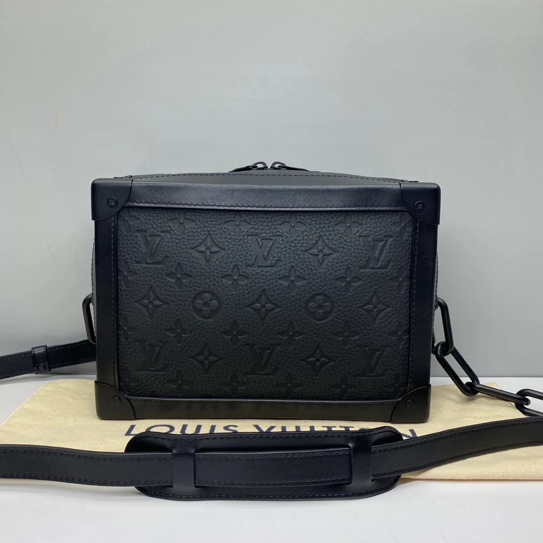 98新LV黑色牛皮trunk男士0696软盒子包邮差包斜挎包
