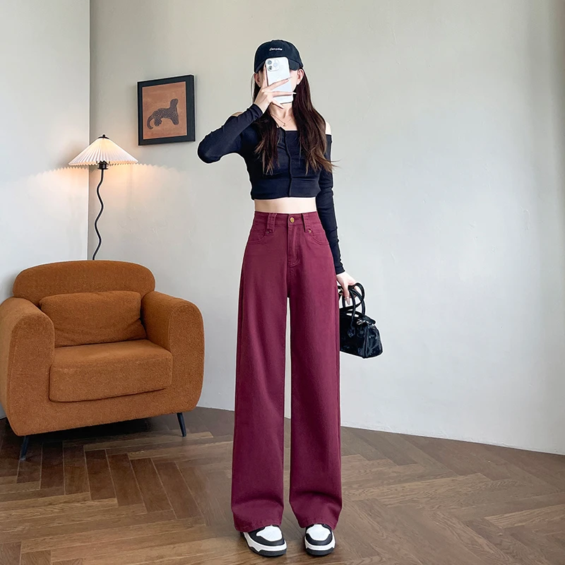 安哥拉红色阔腿牛仔裤女秋季复古高腰窄版宽松垂感直筒拖地长裤子