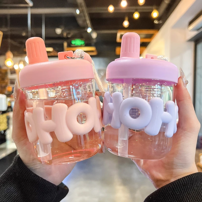 可爱玻璃杯清新高颜值水杯女生夏季耐高温茶水分离吸管杯小巧便携