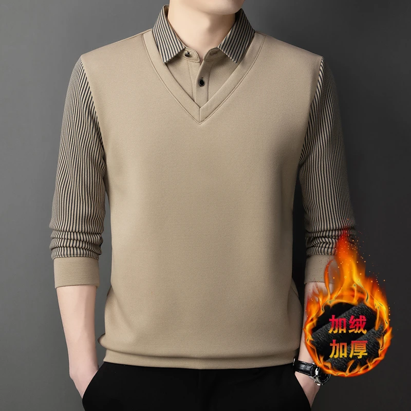 男士加绒加厚保暖假两件中青年打底衫冬季宽松上衣