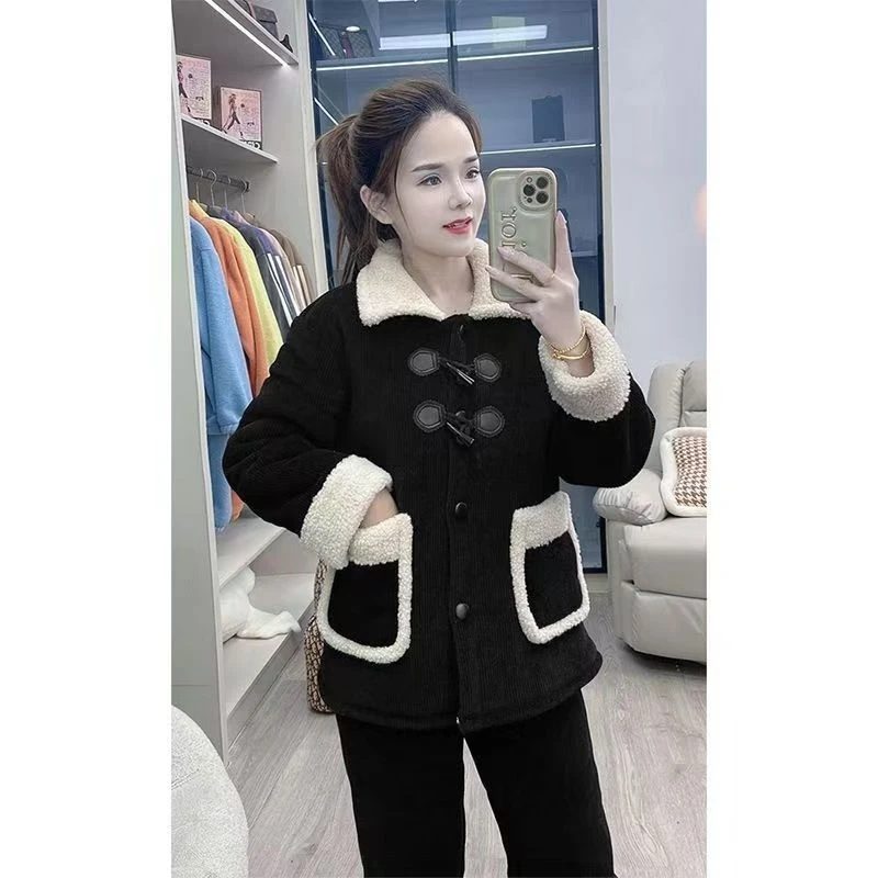 冬季休闲甜美时尚家居服气质百搭加绒加厚韩版八角扣设计