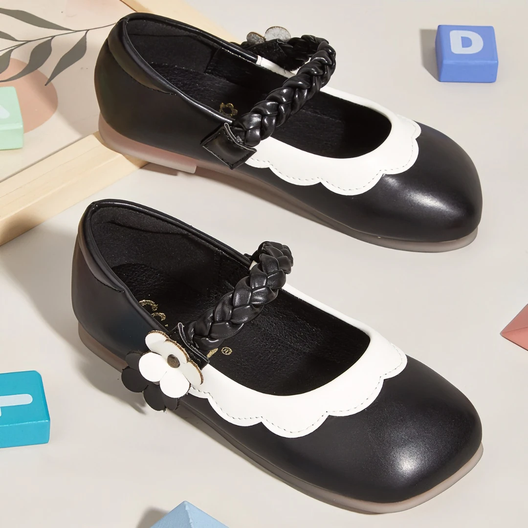 【果冻鞋】女童秋季新款中大女童鞋学院风黑色小花拼色小皮鞋616