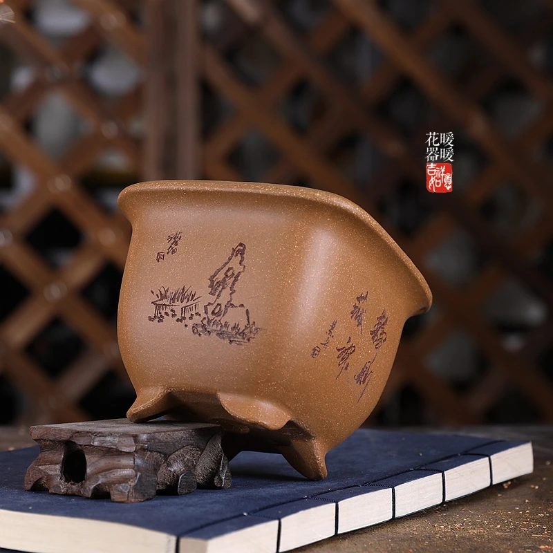 『厚口四方盆』暖暖精选紫砂小花盆刻绘手工苏兵款盆景绿植微型