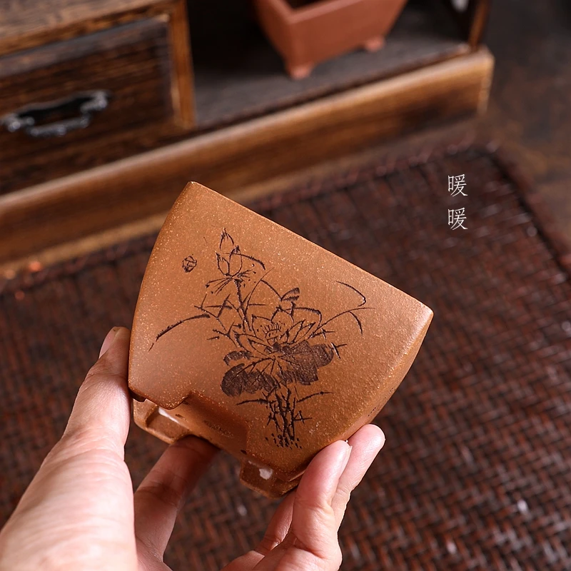 『圆底正方中』暖暖精选紫砂小花盆苏兵款降坡泥刻绘盆景绿植盆栽
