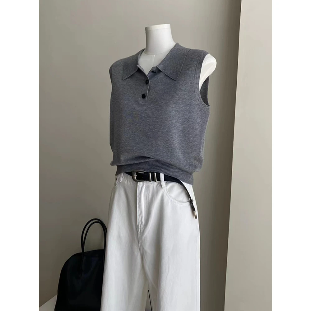 高级感极简风时髦灰色polo领无袖针织衫女夏季通勤职业设计感背心