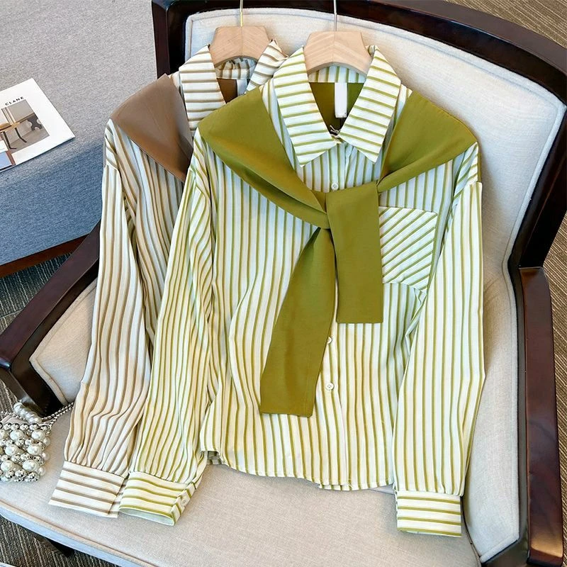 假两件条纹衬衫女2025春秋韩版大码宽松显瘦时尚百搭遮肉减龄上衣