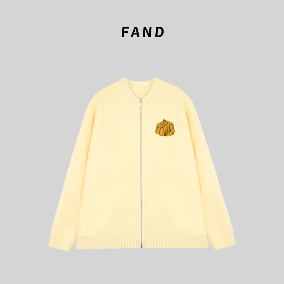 FAND品牌【Lujia】秋冬时尚刺绣棒球服领子宽松拉链开衫外套毛衣