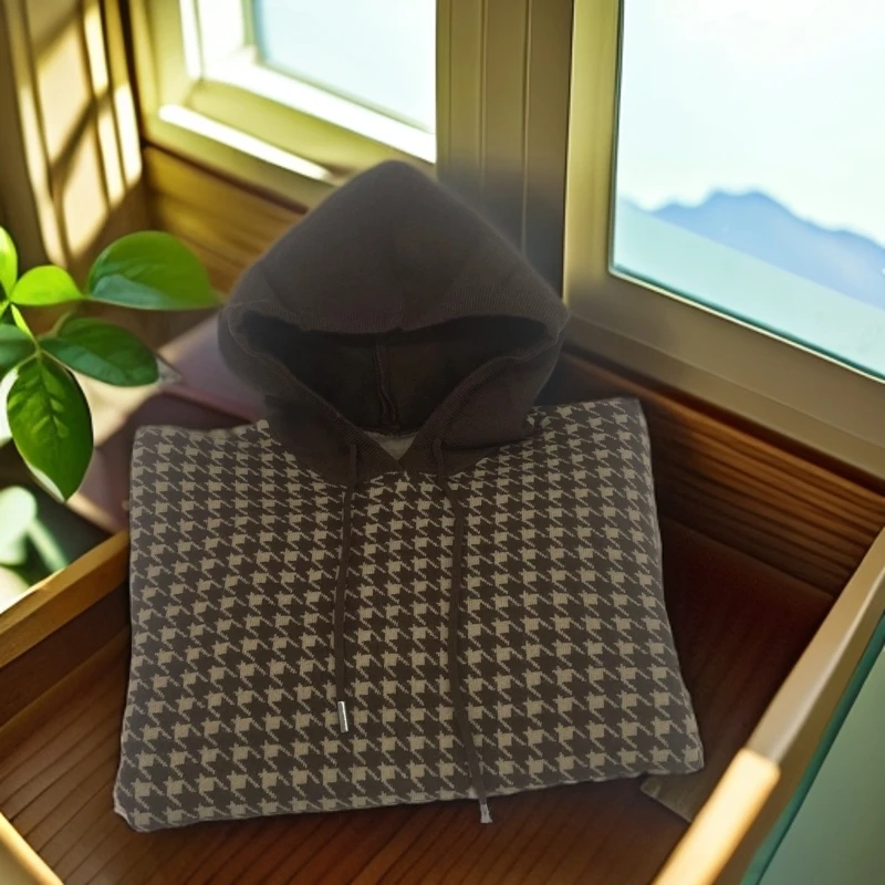 708【千鸟格帽衫】休闲针织卫衣时尚女装连帽宽松卫衣