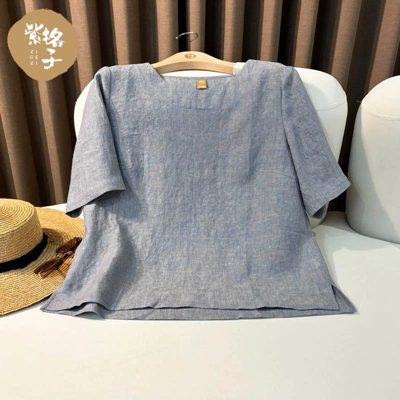 100%亚麻上衣女夏季新款宽松T恤休闲小衫短袖文艺百搭麻料衬衫女