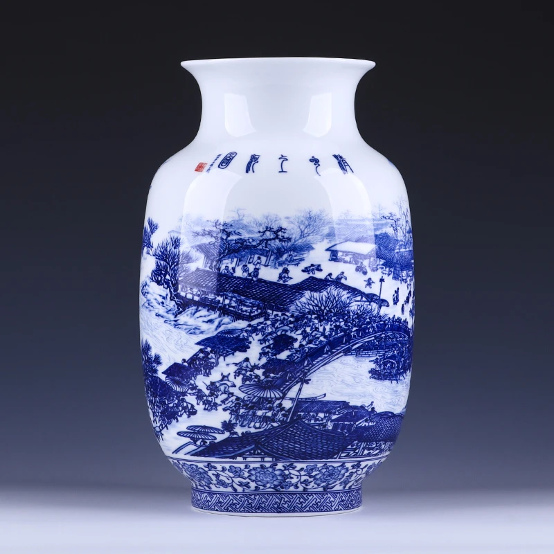 景德镇陶瓷客厅玄关博古架摆件青花清明上河图冬瓜瓶