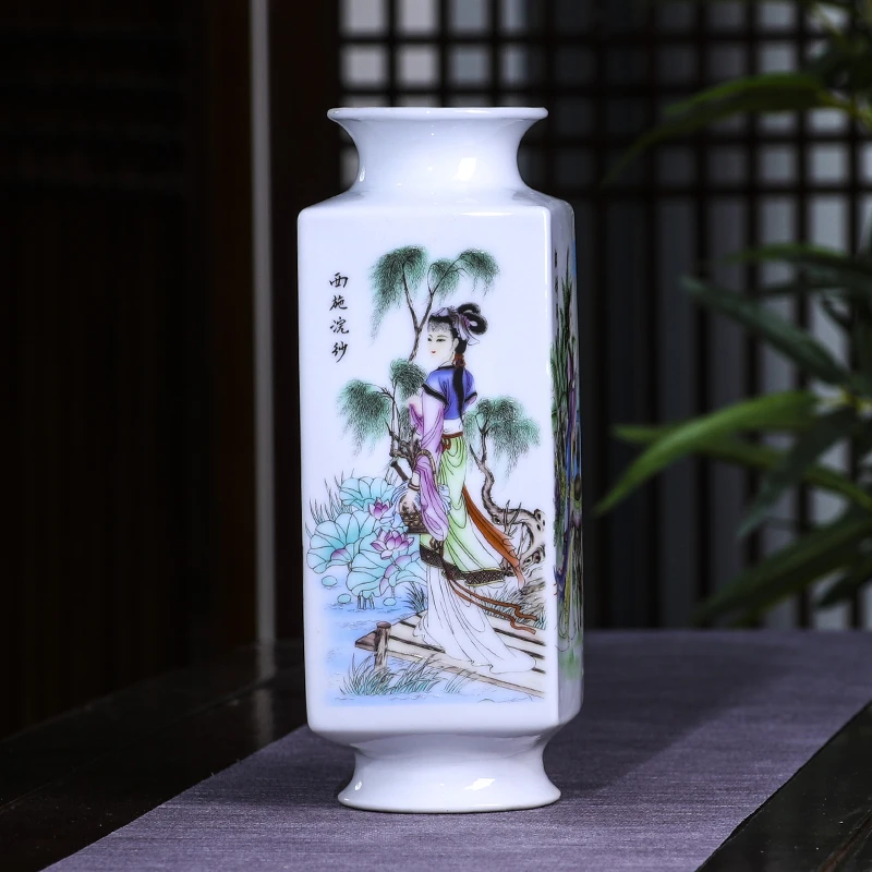 景德镇陶瓷器四大美女四方瓶小花瓶