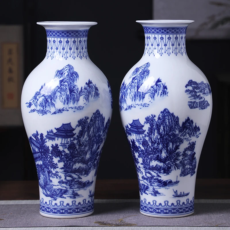 景德镇陶瓷花瓶釉中彩青花山水鱼尾两个