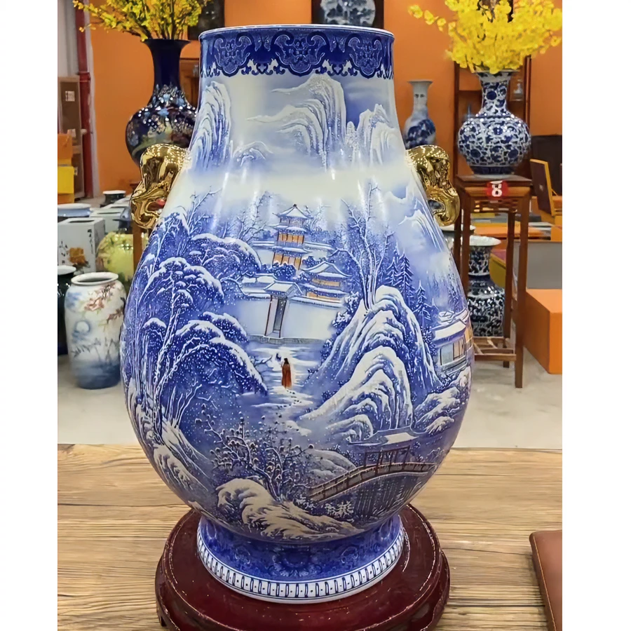景德镇陶瓷摆件客厅玄关家居摆件金青霞蓝雪景江山万里福筒尊