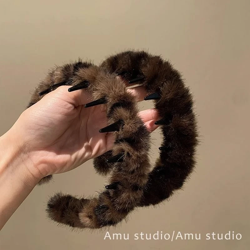 韩系复古豹纹带齿毛绒发箍女防滑洗脸发卡2024年秋冬化妆发饰头箍